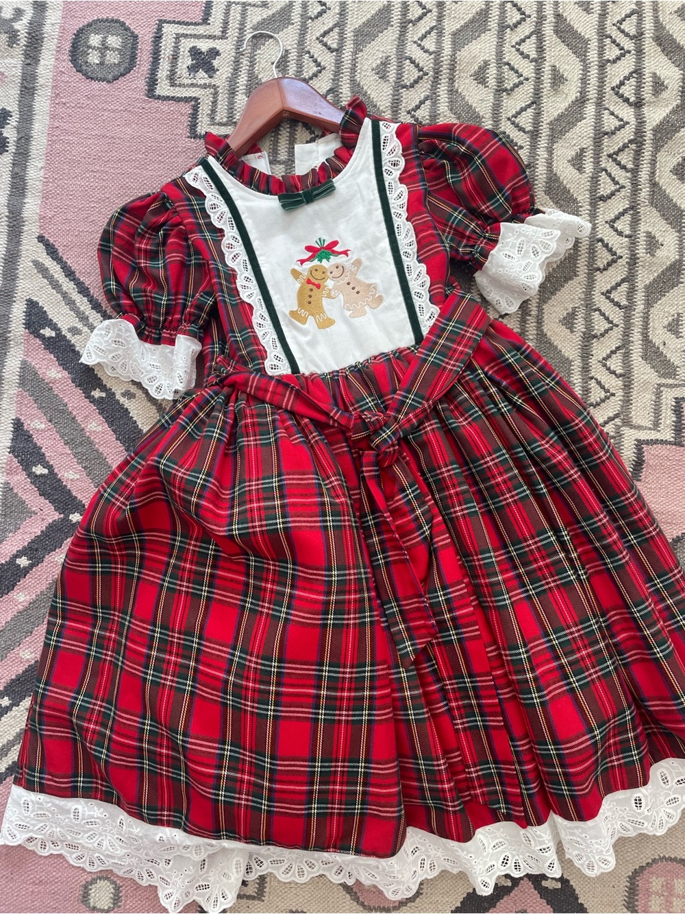 Festive Red Plaid Girls' Holiday Costume Dress with Gingerbread Bib